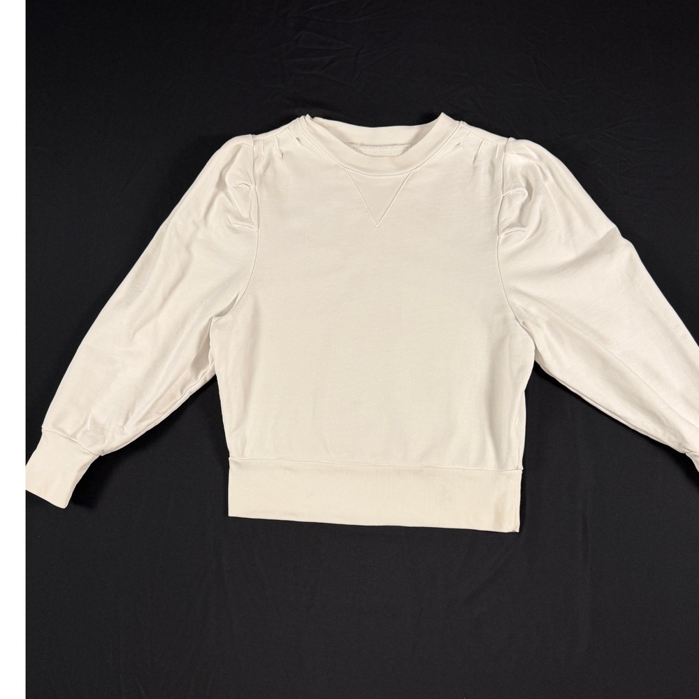 Frame White Shirrred Puff Shoulder Cotton Sweatshirt Long Sleeve Womens Size S